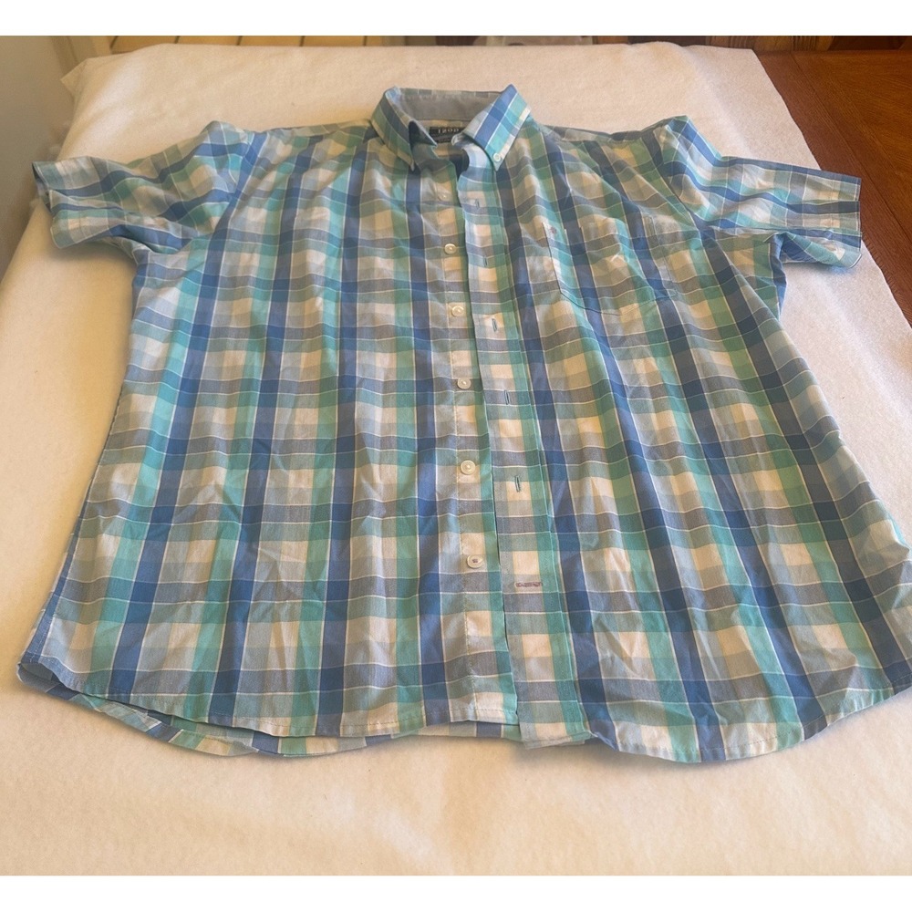 IZOD Men Short Sleeve Plaid Button Down Shirt Large Blue Green Stretch Non Iron